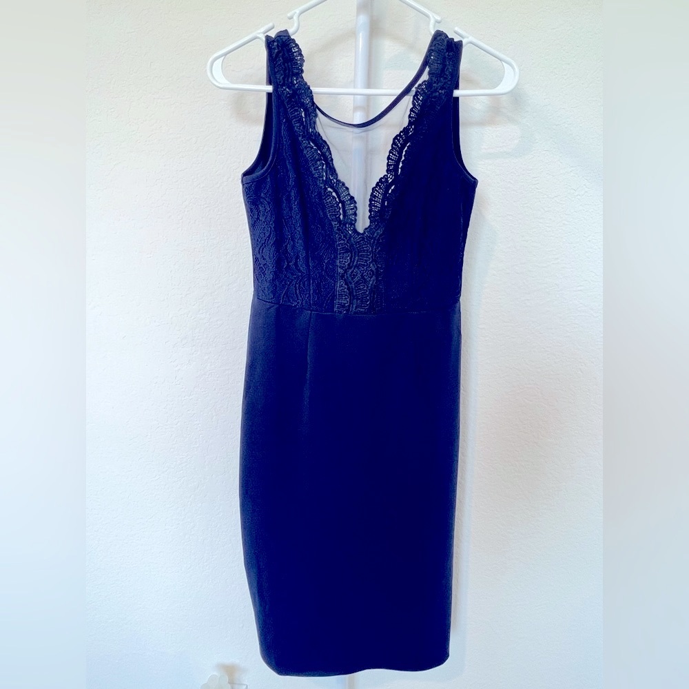 Sleeveless Lace Patchwork Deep V-Neck A Line Blue Dress Size S